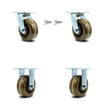 Service Caster 5 Inch High Temp Phenolic Caster Set with Roller Bearings 2 Swivel Lock 2 Rigid SCC-30CS520-PHRHT-BSL-2-R-2